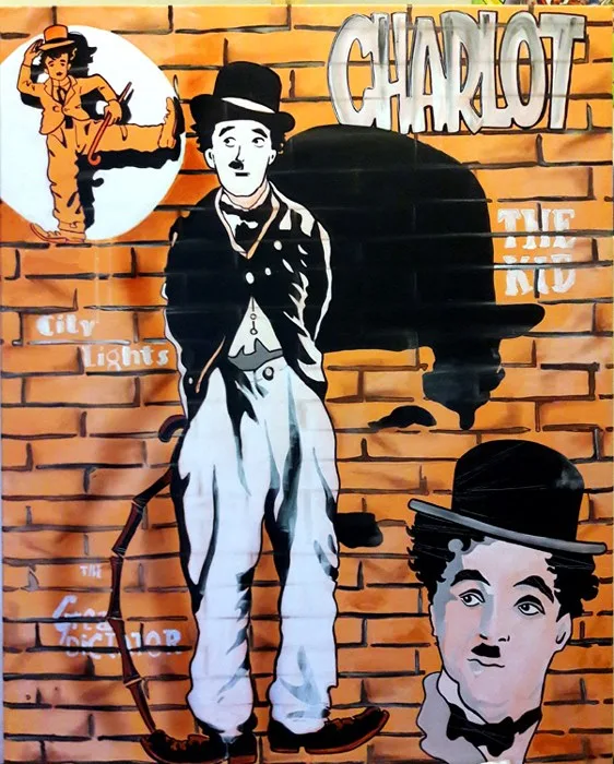 Charlot " Charlie Chaplin ", technique mixte sur toile de Andrea Clanetti Santa Rossa, 60x80 cm